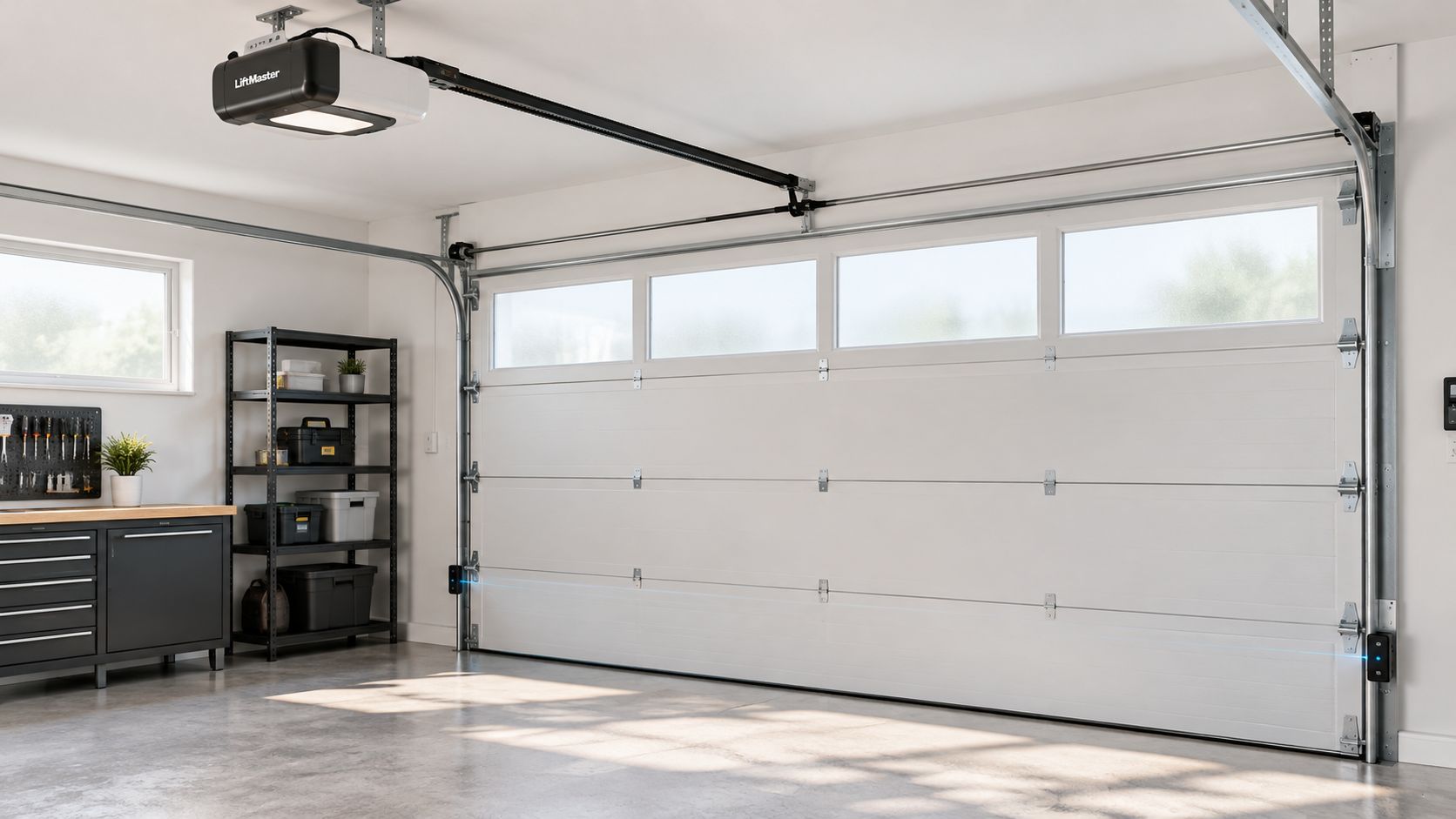 Une vue intérieure d'un garage résidentiel propre avec une porte de garage blanche moderne et isolée.