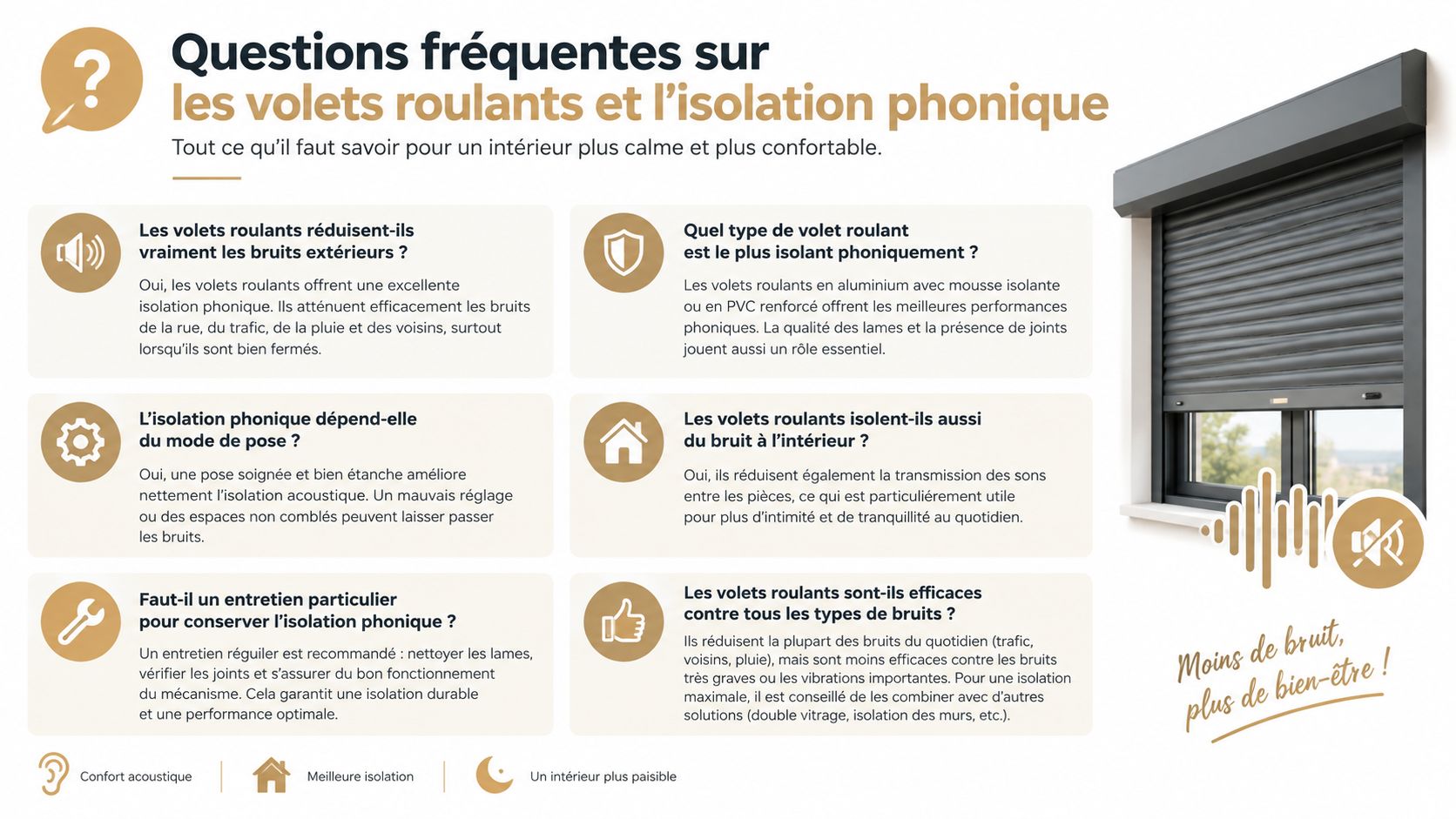 Infographie illustrant les avantages des volets roulants pour améliorer l'isolation phonique et le confort acoustique intérieur.