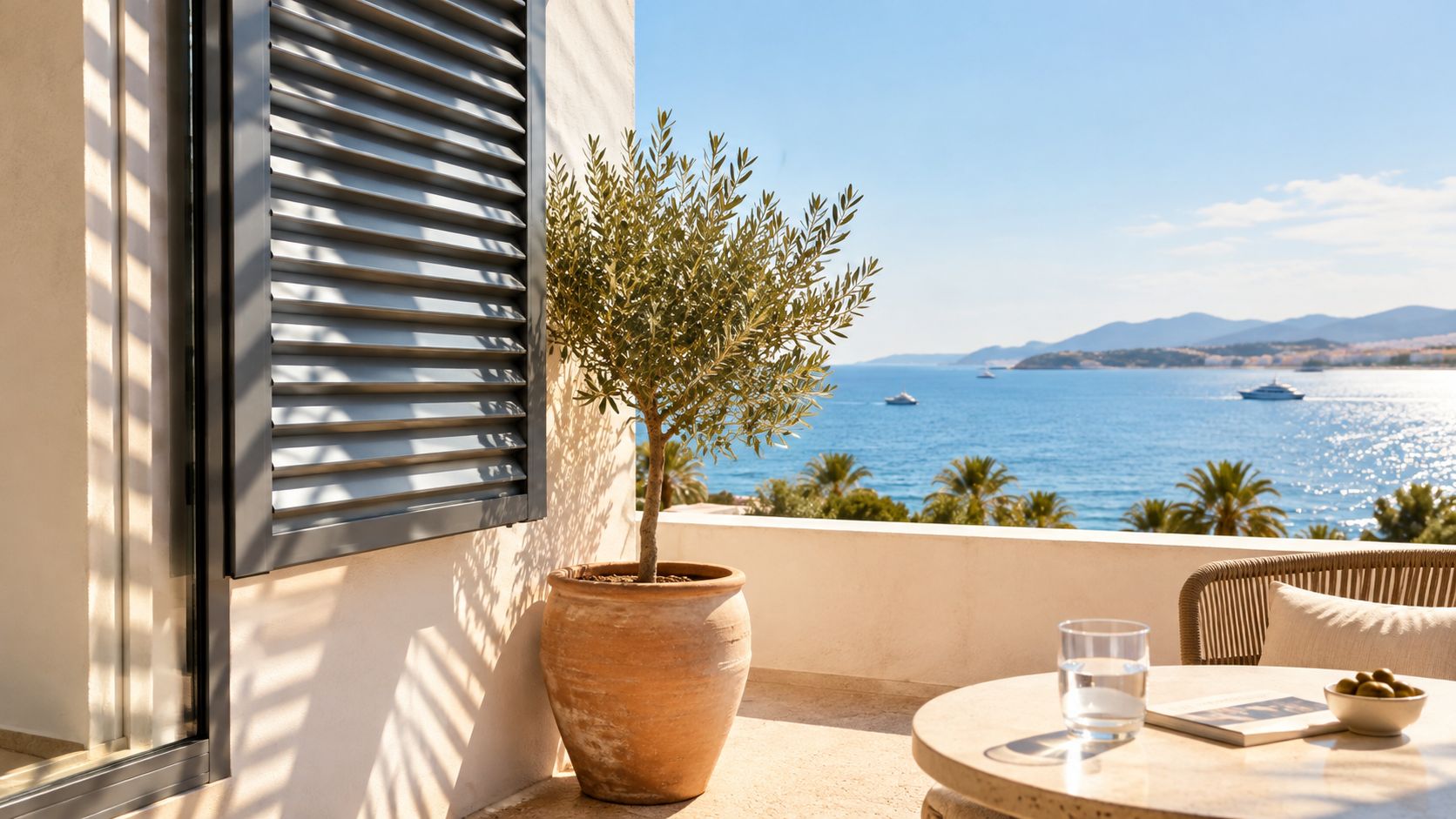 Une terrasse ensoleillée avec un olivier en pot, un volet en aluminium et une vue sur la mer.