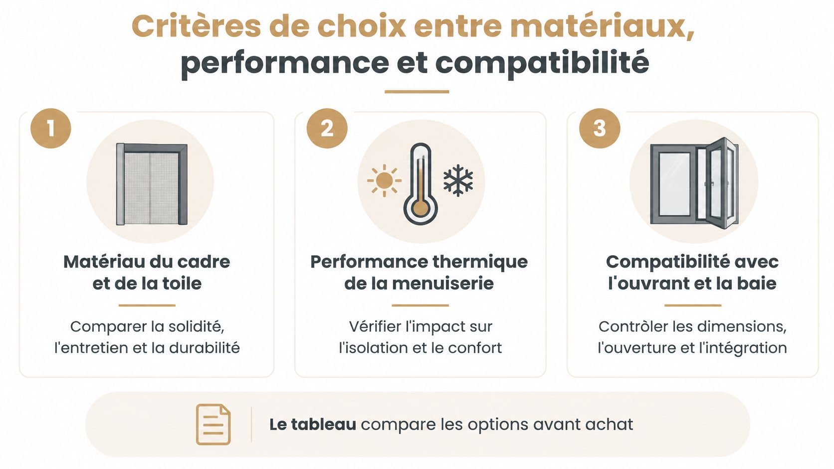 Infographie présentant les trois critères de choix essentiels pour une fenêtre avec moustiquaire intégrée, incluant matériaux et isolation.