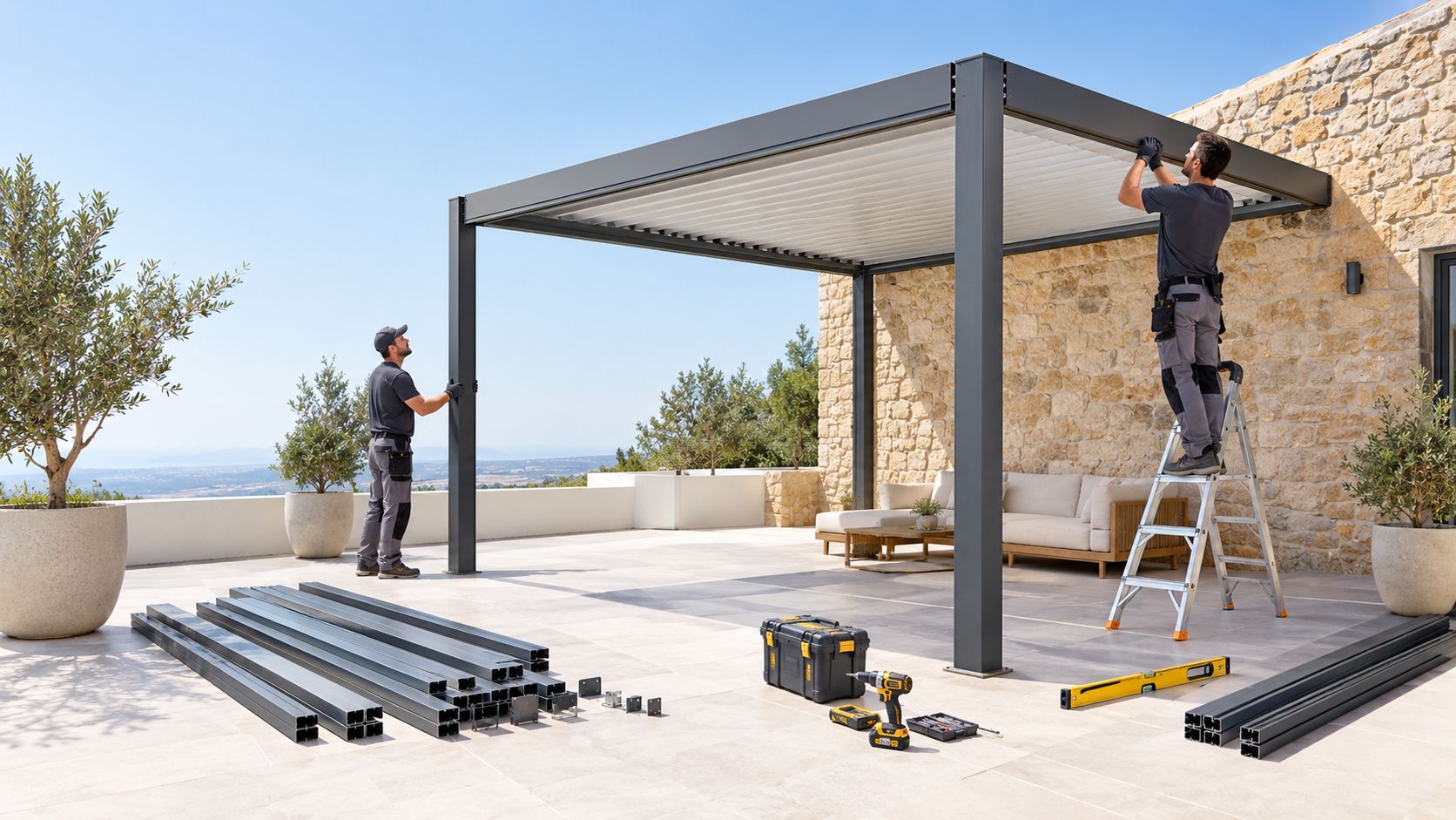Deux ouvriers professionnels installent une structure de pergola bioclimatique moderne sur une terrasse ensoleillée.