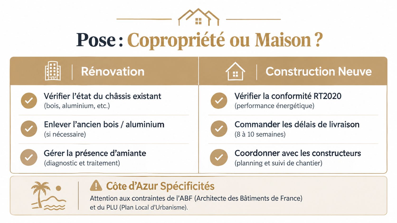 Tableau récapitulatif des étapes pour la pose de fenêtres en rénovation ou dans une construction neuve.