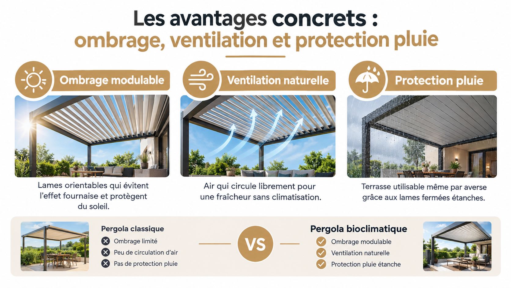 Comparaison entre une pergola classique et une pergola bioclimatique avec ses avantages d'ombrage, de ventilation et d'étanchéité.