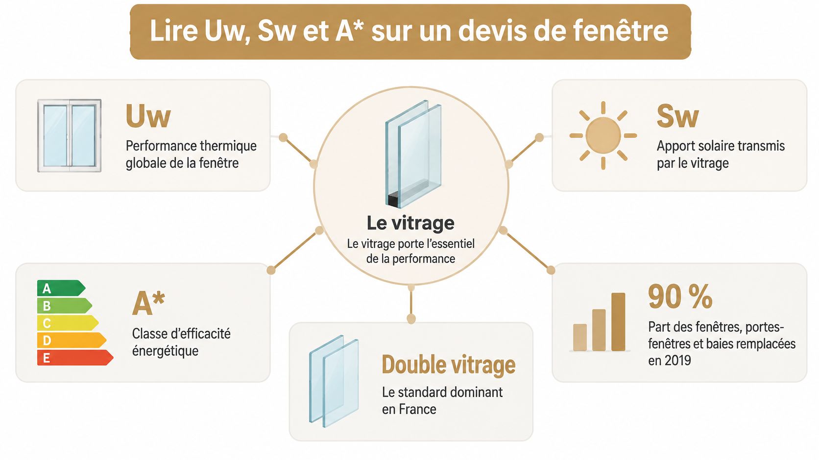 Infographie explicative sur la signification des termes techniques Uw, Sw et A* pour le choix d'une fenêtre.