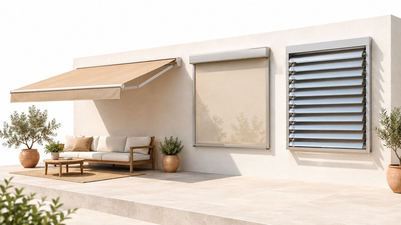 Une terrasse moderne avec un store banne, un store vertical et des volets extérieurs sur un mur beige.