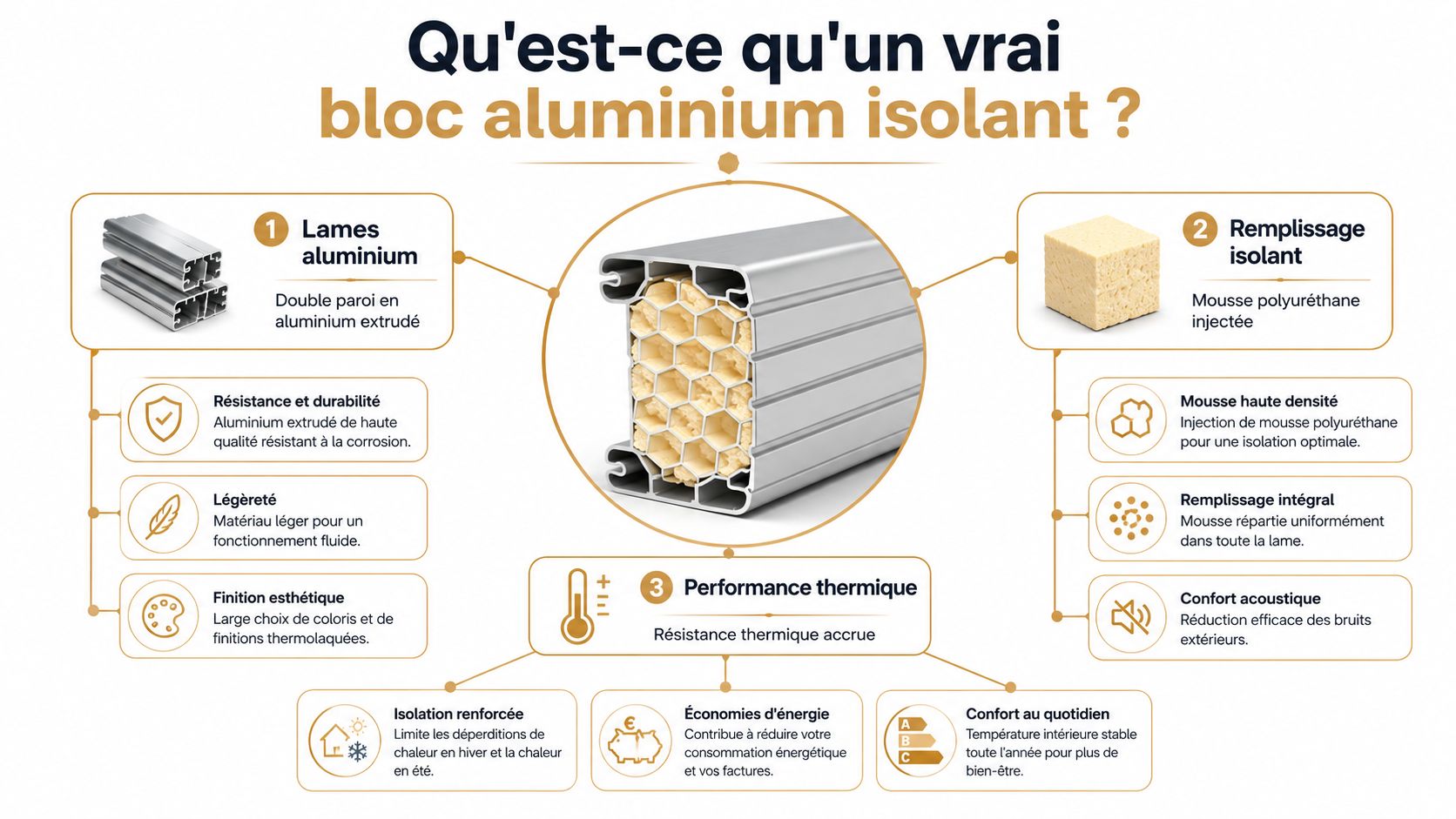 Schéma explicatif montrant la composition et les avantages techniques d'un bloc en aluminium isolant pour volets roulants.