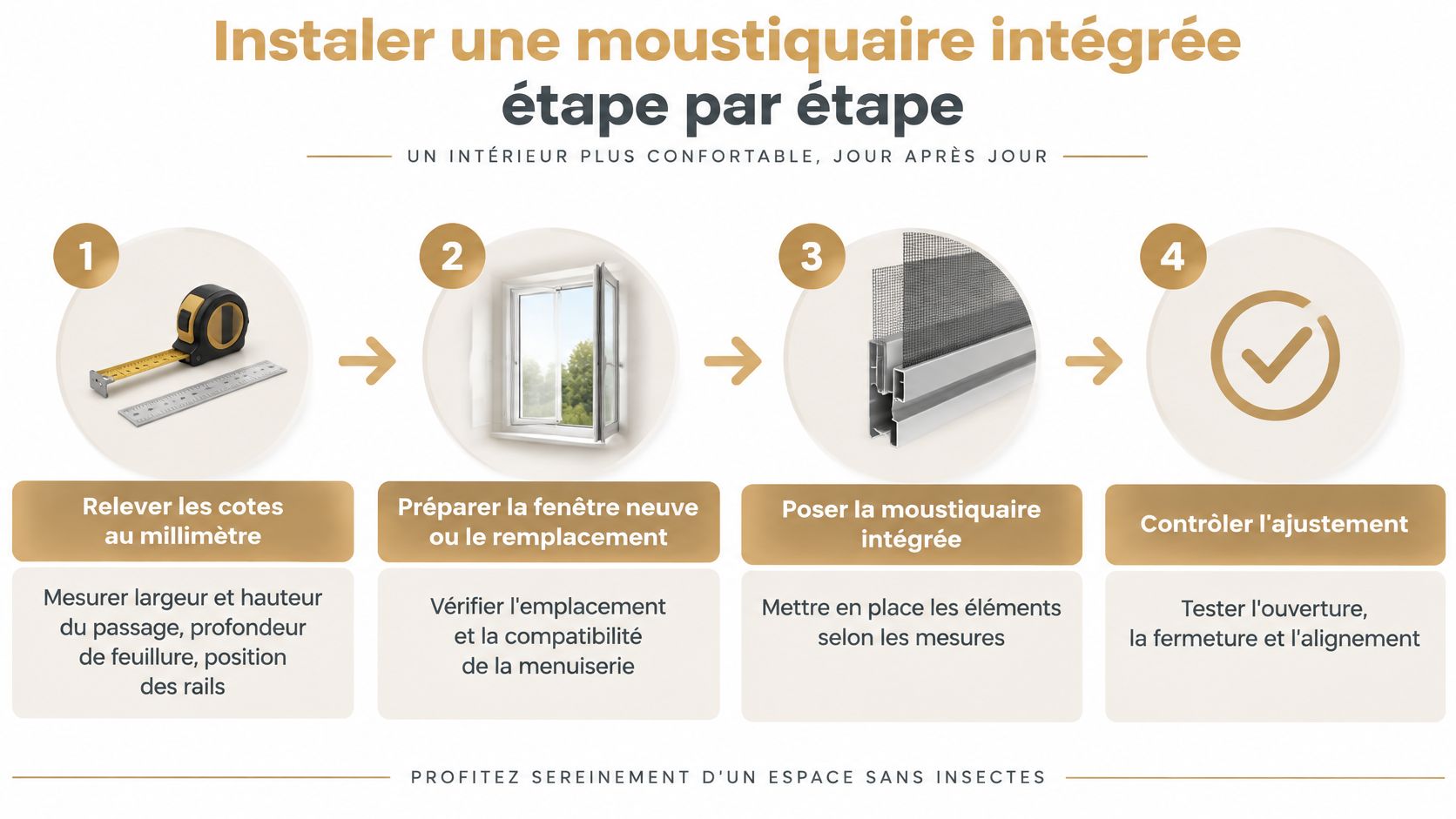 Infographie étape par étape illustrant l'installation facile d'une moustiquaire intégrée sur une fenêtre de maison.