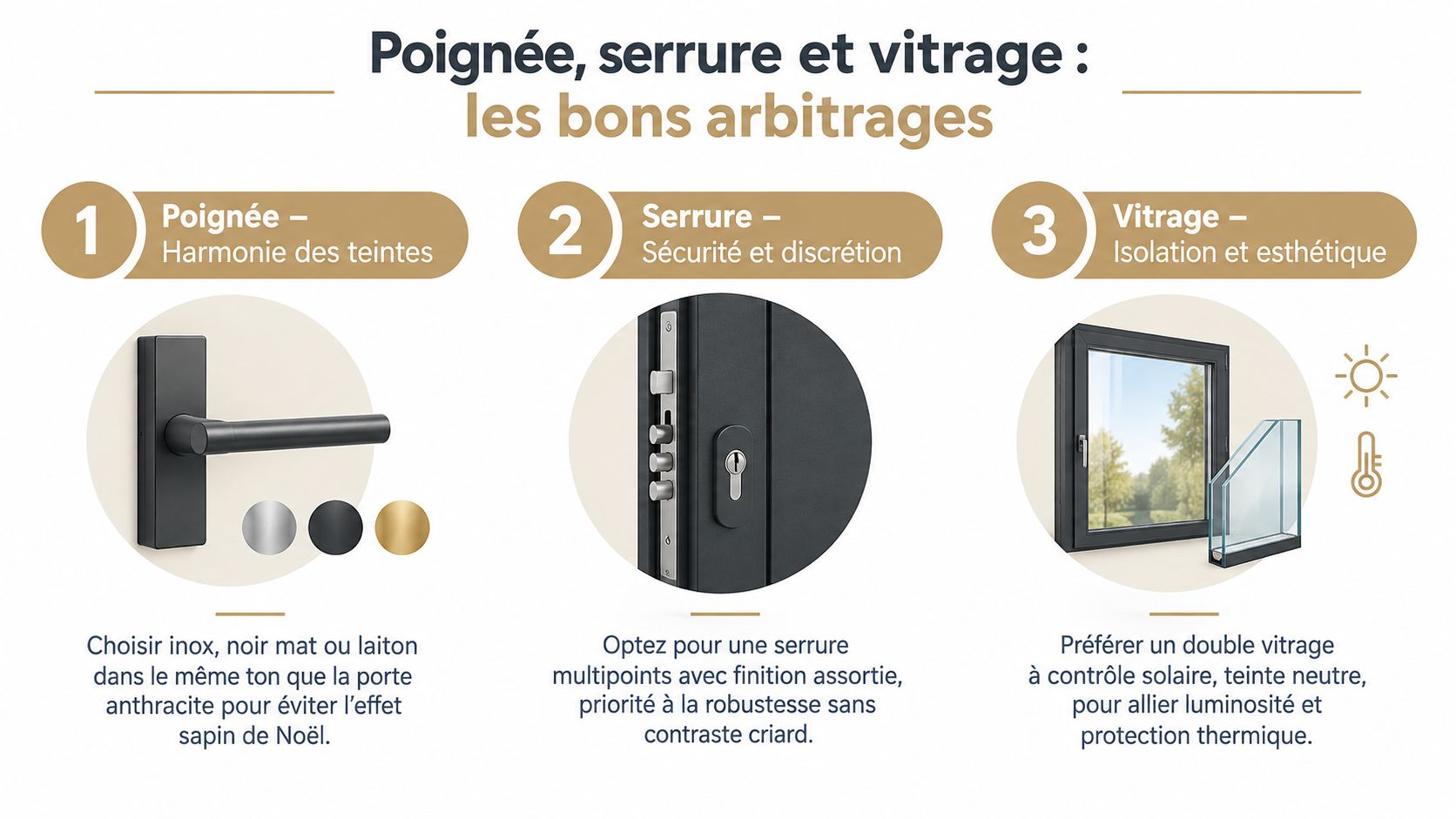 Conseils pour bien choisir la poignée, la serrure et le vitrage d'une porte d'entrée en aluminium.