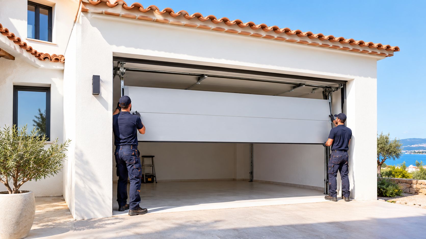 Deux techniciens en uniforme installent une porte de garage sectionnelle blanche sur une maison moderne ensoleillée.