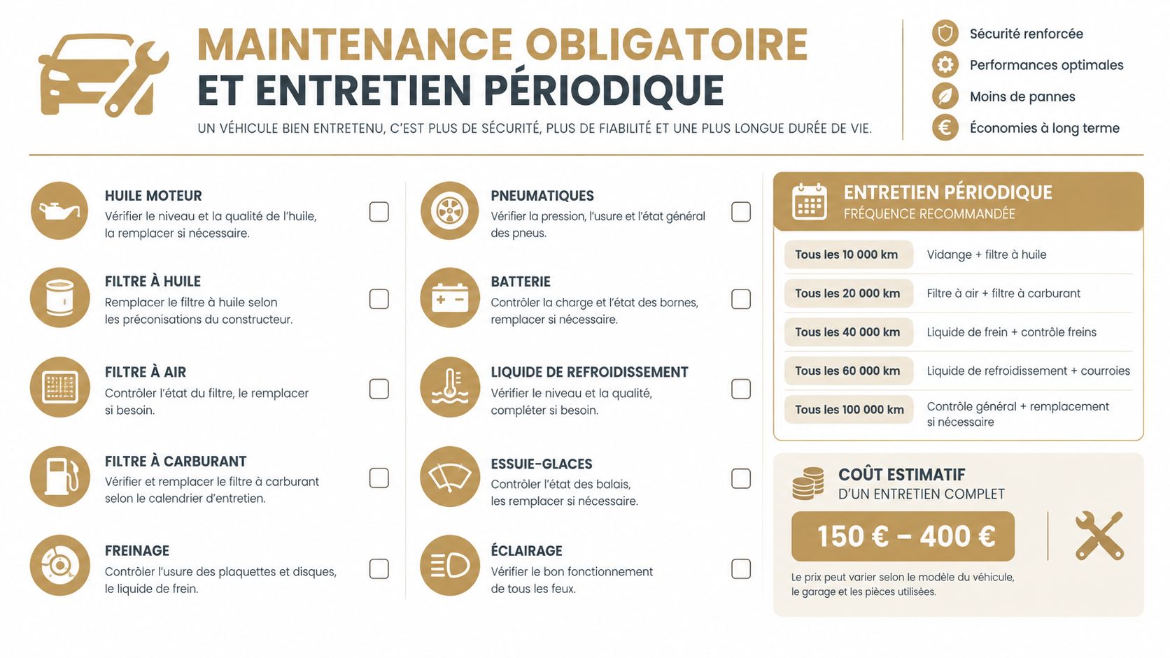 Une infographie détaillée illustrant les points de contrôle essentiels pour l'entretien régulier et la maintenance de votre véhicule.