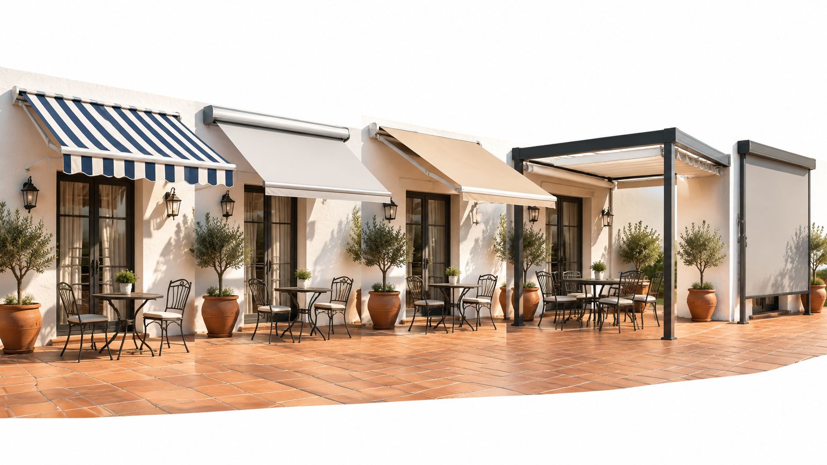 Quatre modèles différents de stores et pergolas installés sur une terrasse extérieure élégante avec des tables