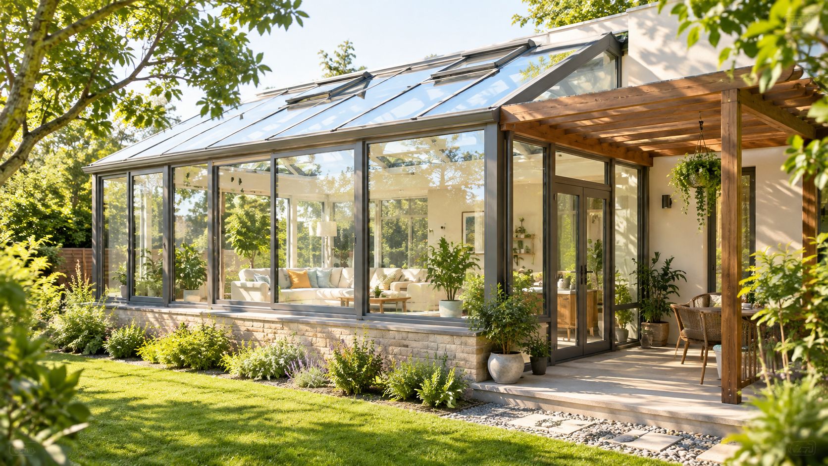 Une véranda moderne avec toit vitré et mobilier confortable donnant sur un jardin verdoyant et ensoleillé.
