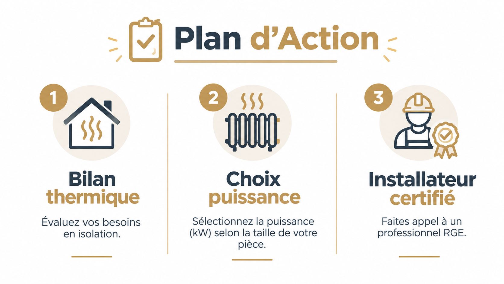 Illustration des trois étapes clés pour un projet de chauffage, incluant le bilan thermique, le choix de puissance et l'installation.