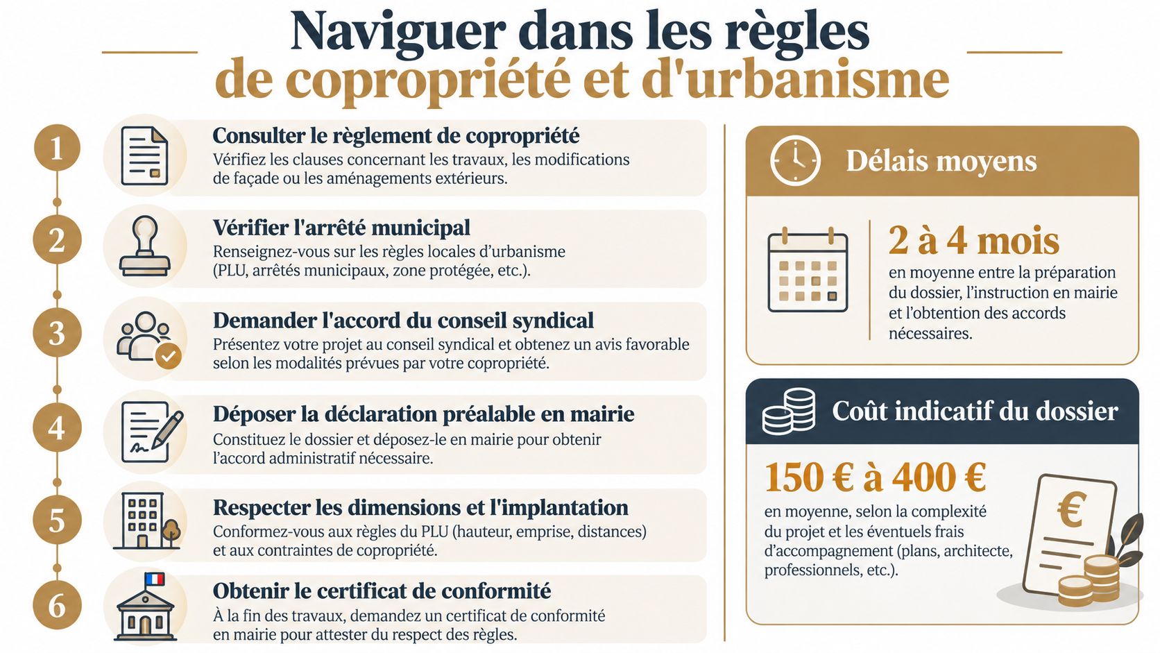 Infographie illustrant les étapes administratives pour les projets de rénovation en copropriété et les règles d'urbanisme.