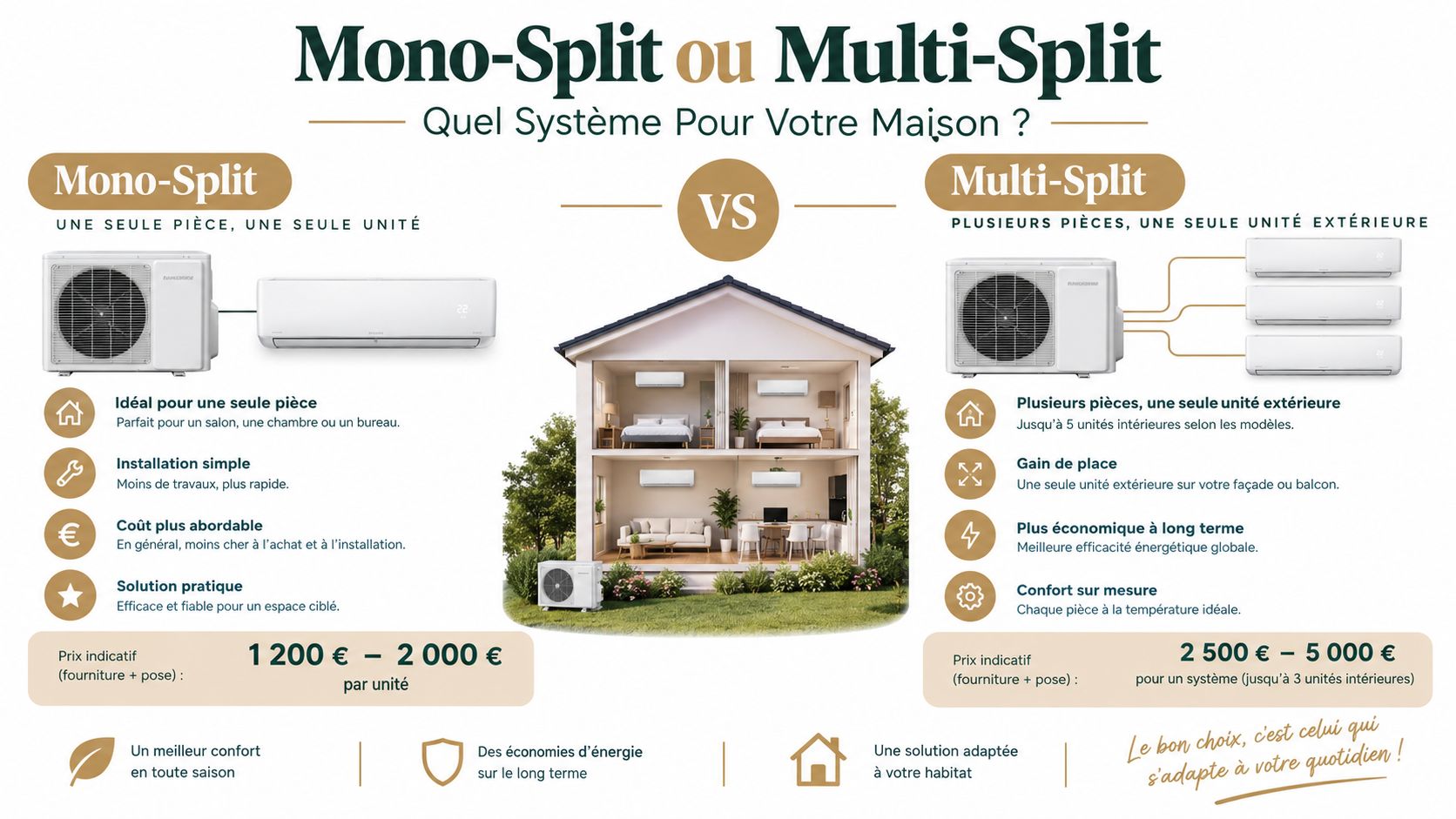 Comparaison entre climatisation mono-split et multi-split pour choisir le système adapté à votre maison.