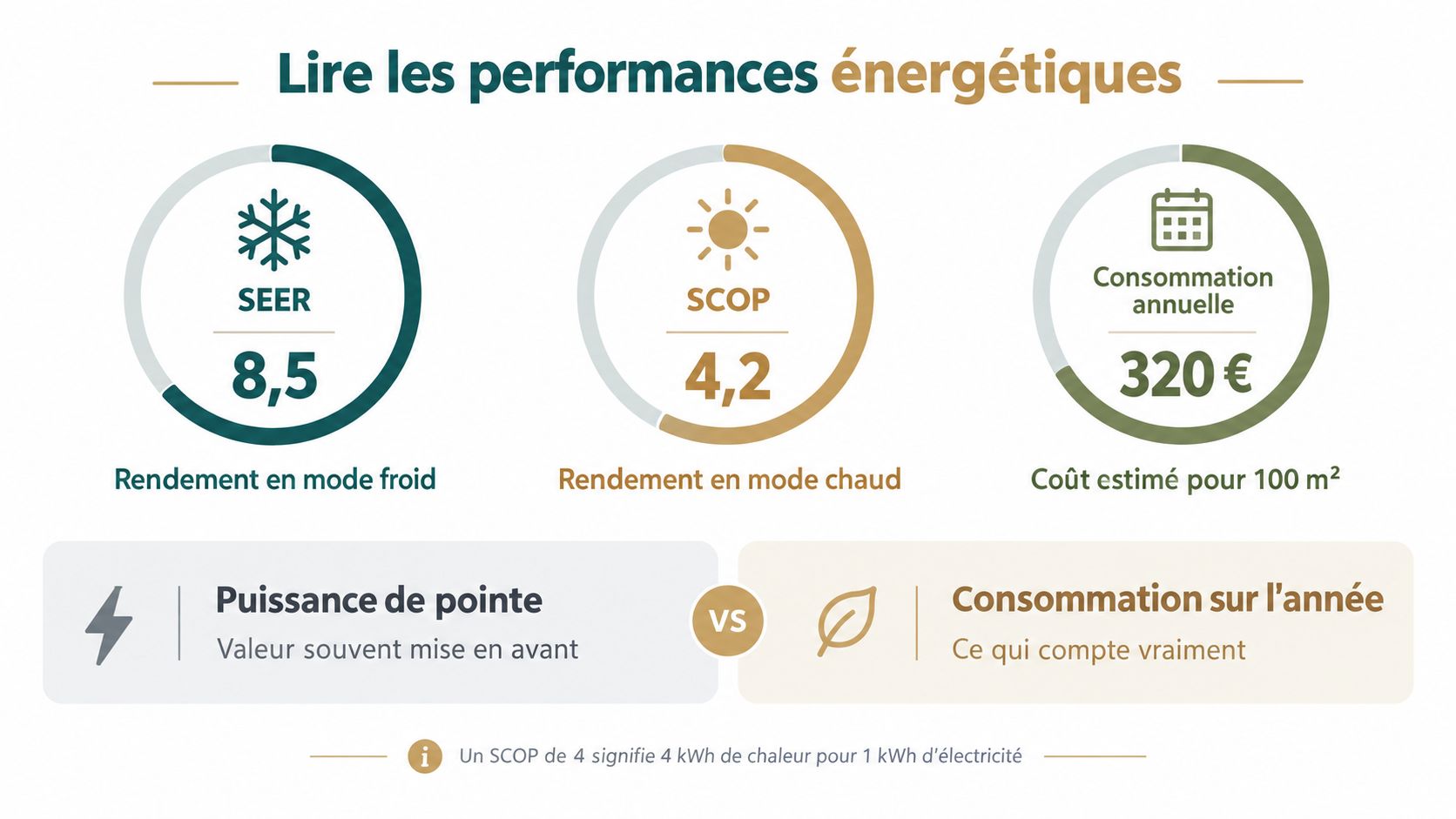 Infographie explicative sur la lecture des performances énergétiques d'un système de climatisation réversible avec SEER et SCOP.