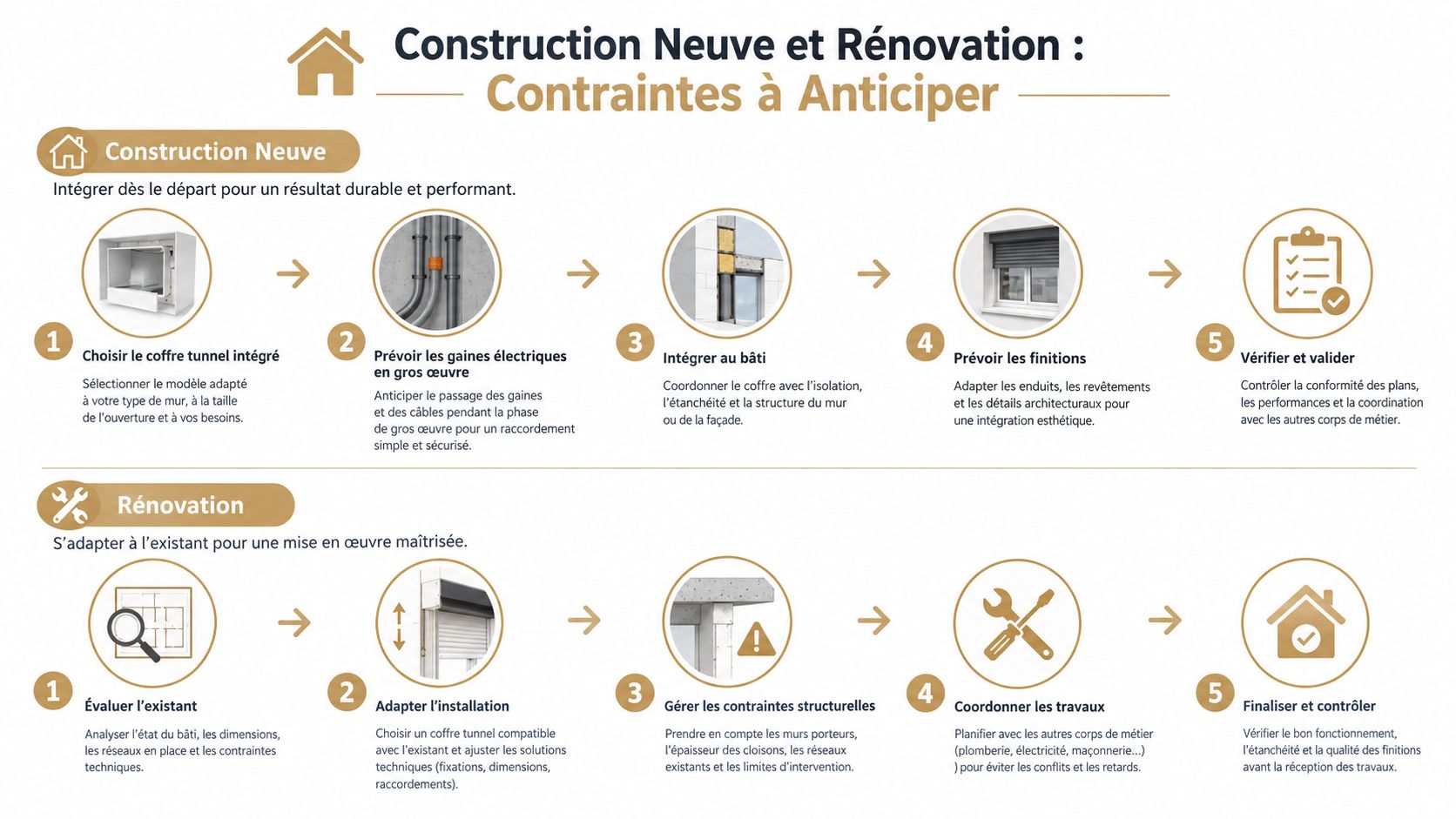 Infographie illustrant les étapes clés de l'installation de volets roulants en construction neuve et en rénovation.
