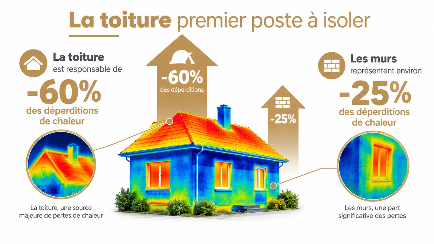 Une image thermique montrant les pertes de chaleur d'une maison par la toiture et les murs.