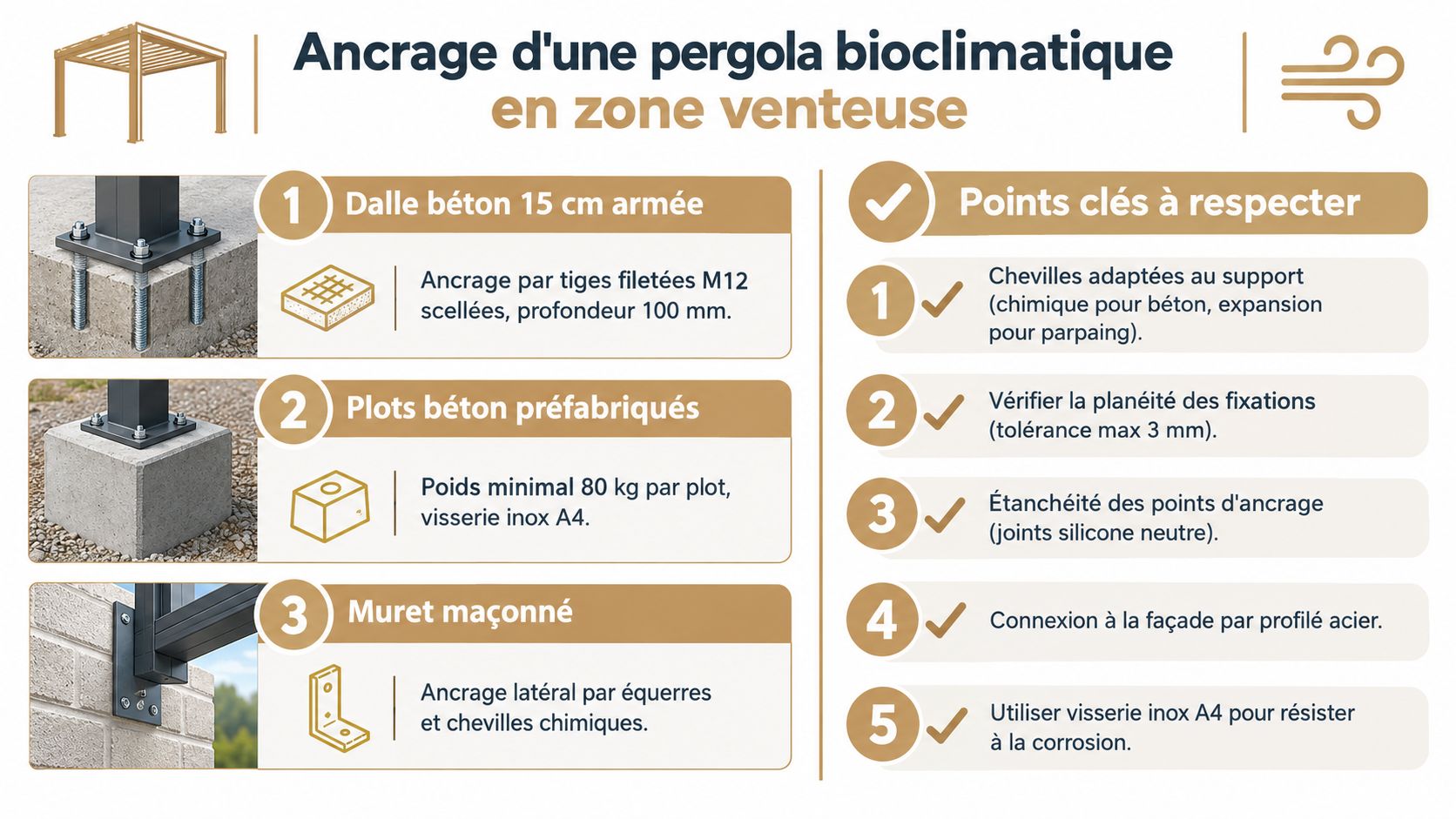 Schéma technique illustrant les différentes méthodes d'ancrage sécurisé pour une pergola bioclimatique en zone exposée au vent.