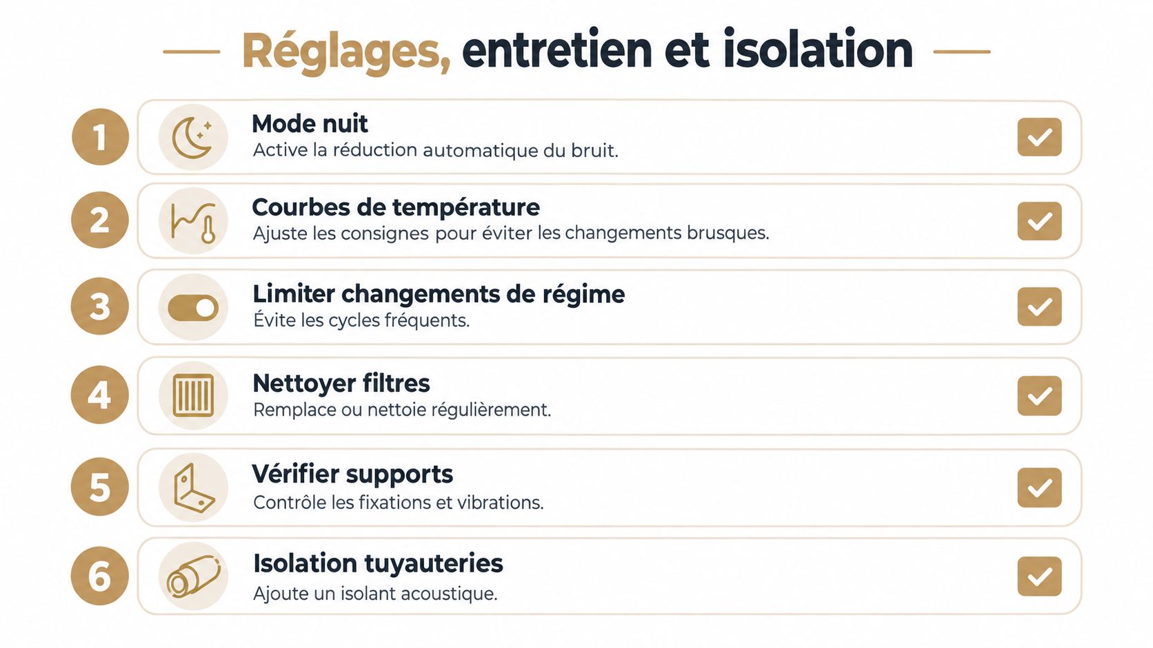 Liste numérotée de six conseils pour réduire le bruit d'une pompe à chaleur air-air domestique.