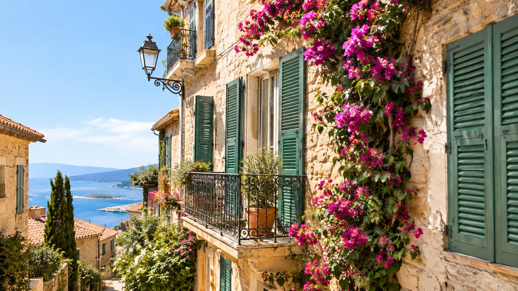 Façade en pierre d'une maison méditerranéenne avec des volets verts, des fleurs roses et une vue mer.