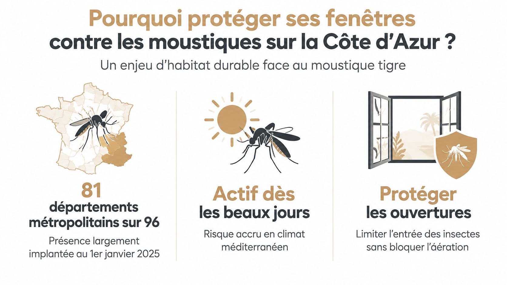 Infographie expliquant l'importance de protéger les fenêtres contre le moustique tigre sur la Côte d'Azur.