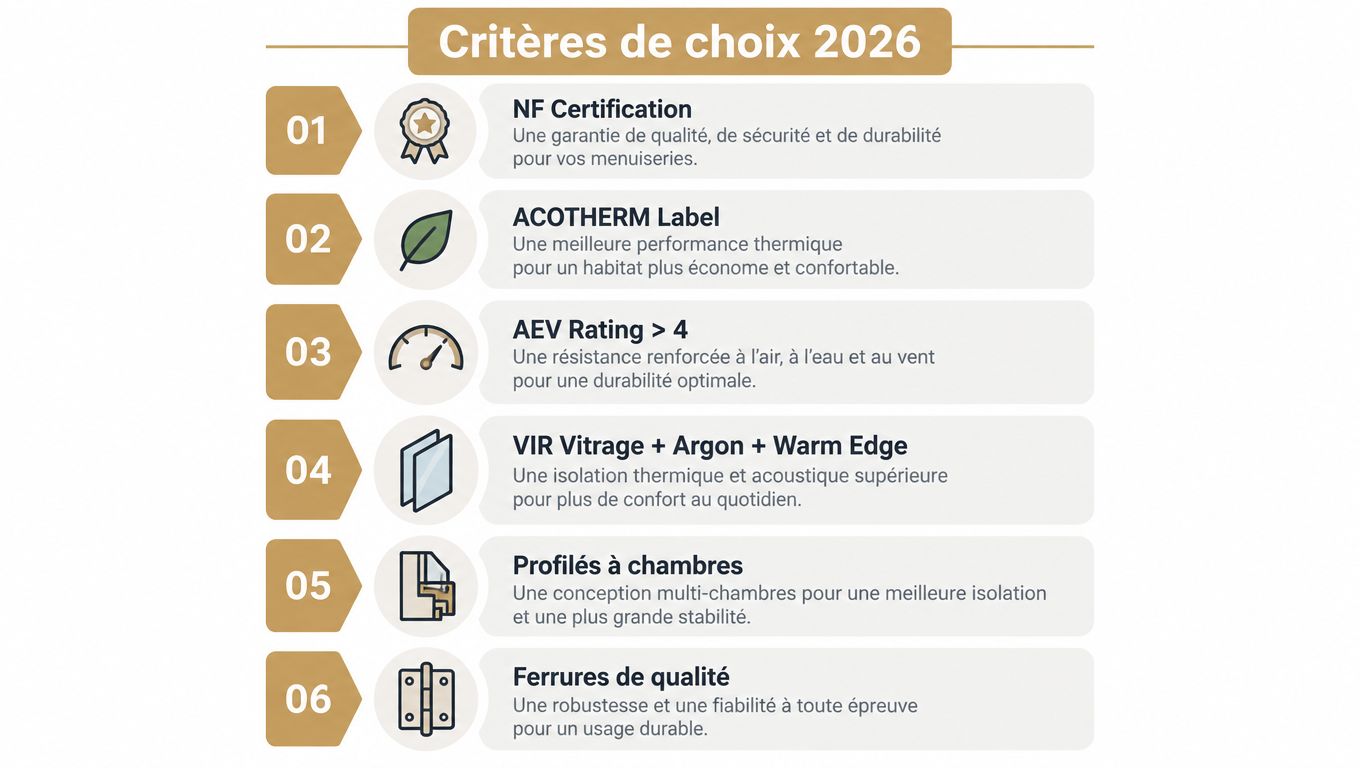 Infographie présentant six critères essentiels pour choisir des fenêtres PVC de qualité en 2026.