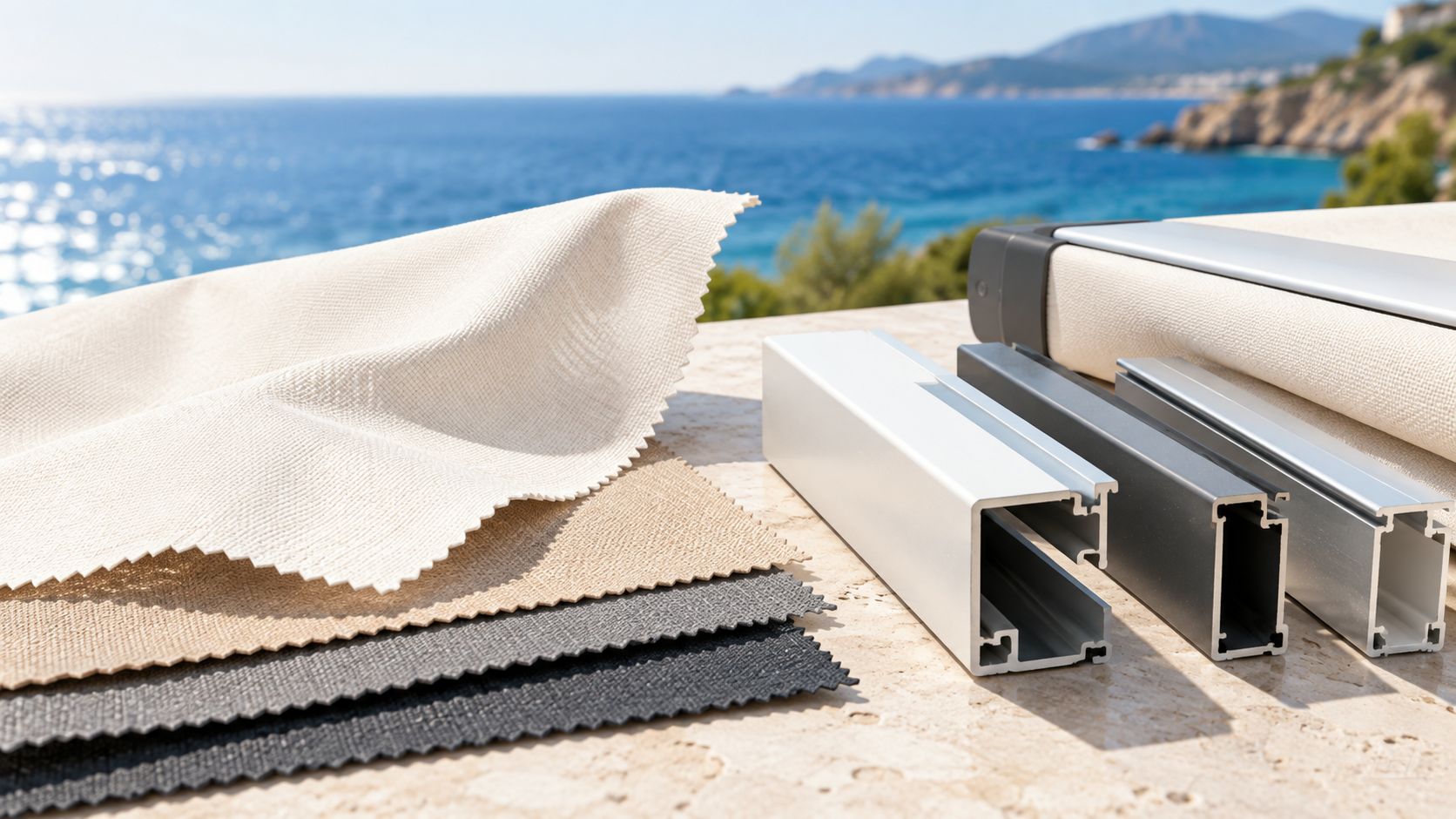 Échantillons de tissus beige et noir avec profilés en aluminium pour stores extérieurs devant la mer.