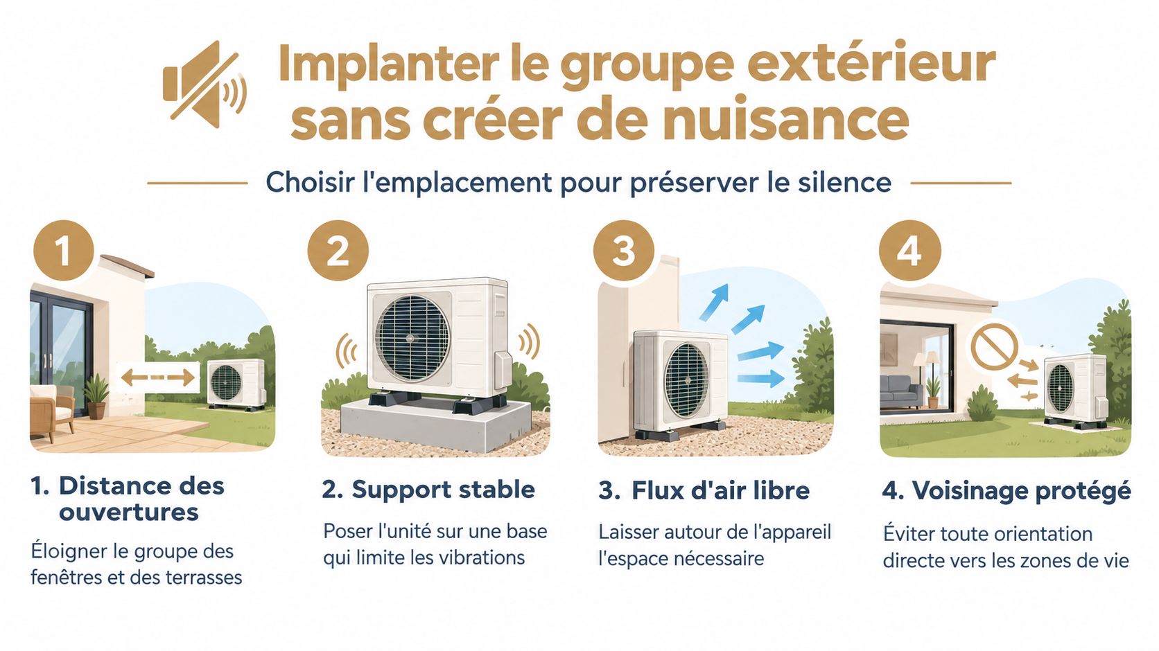 Conseils d'installation pour positionner une unité de climatisation extérieure afin de minimiser le bruit et les nuisances.