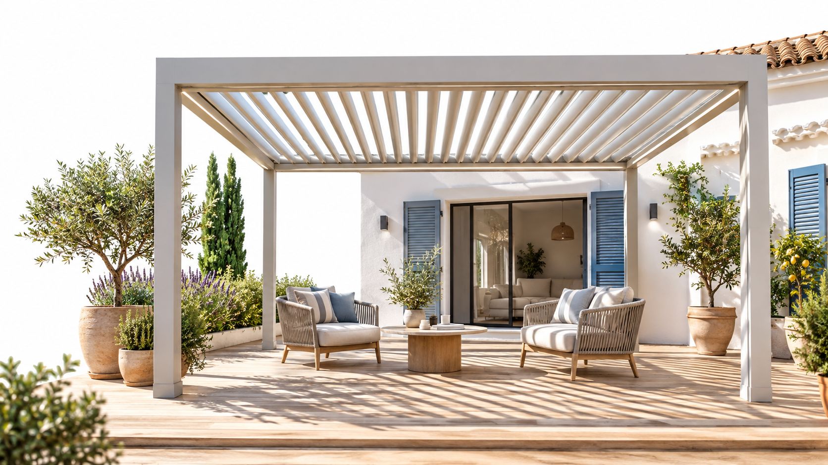 Une terrasse moderne avec une pergola à lames orientables, salon de jardin confortable et décor végétal méditerranéen.
