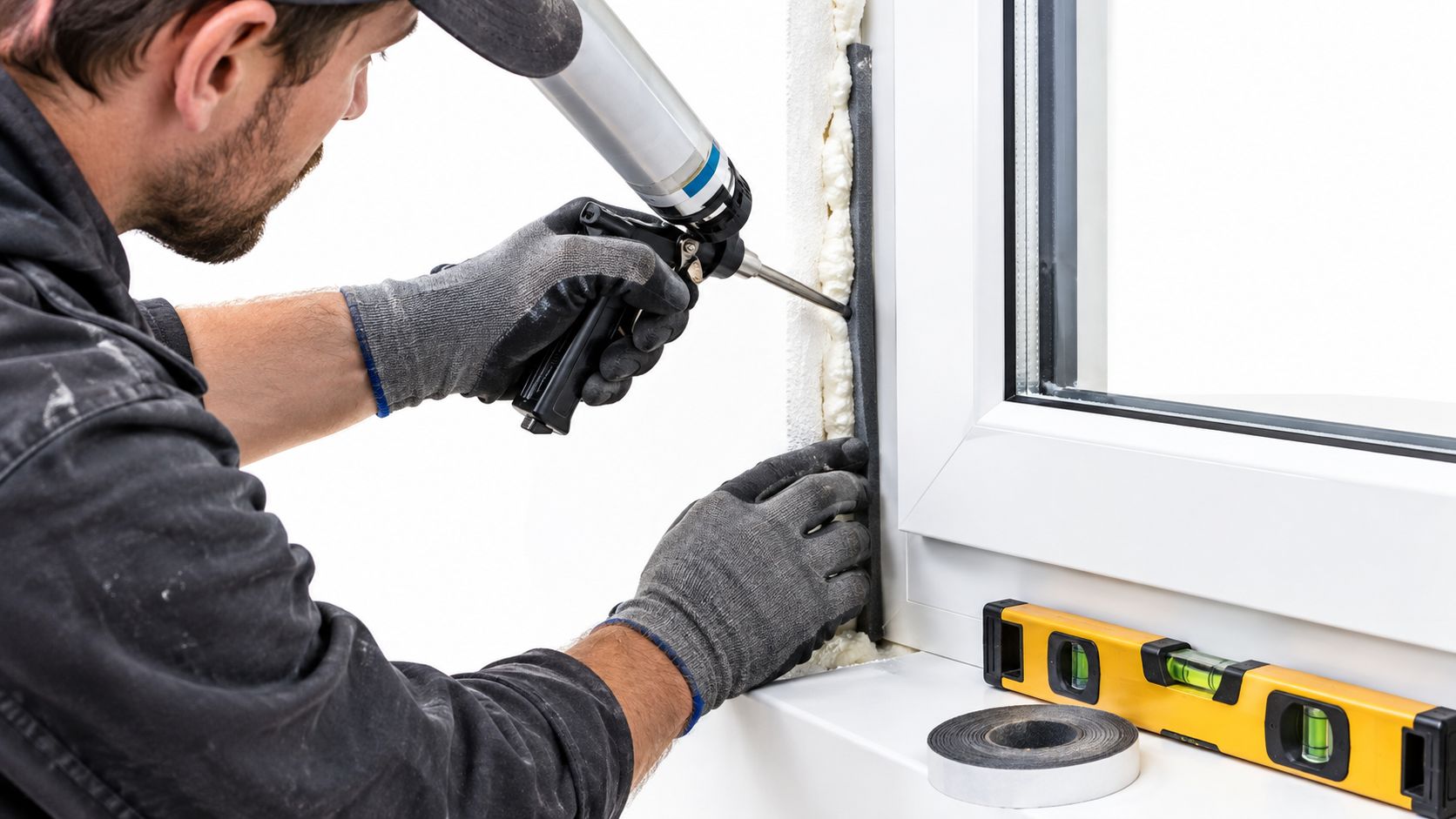 Un ouvrier professionnel installe une isolation phonique maximale sur les contours d'une fenêtre en PVC blanc.
