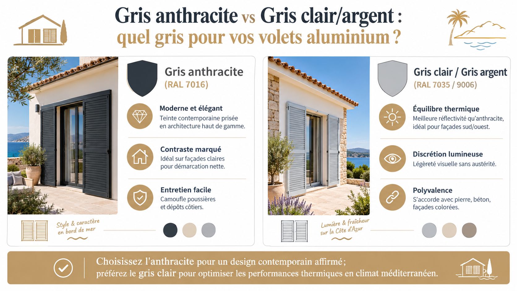 Comparatif illustré des avantages des volets en aluminium gris anthracite et gris clair pour votre maison.