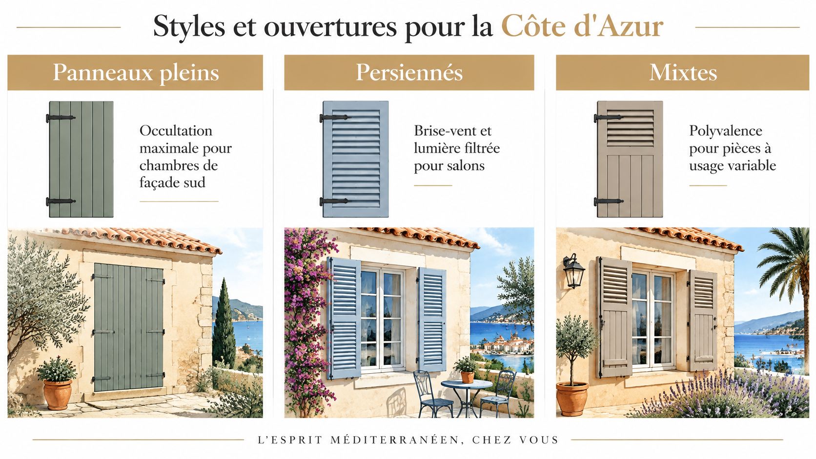 Trois styles de volets battants modernes pour la Côte d'Azur : pleins, persiennés et mixtes sur maisons méditerranéennes.
