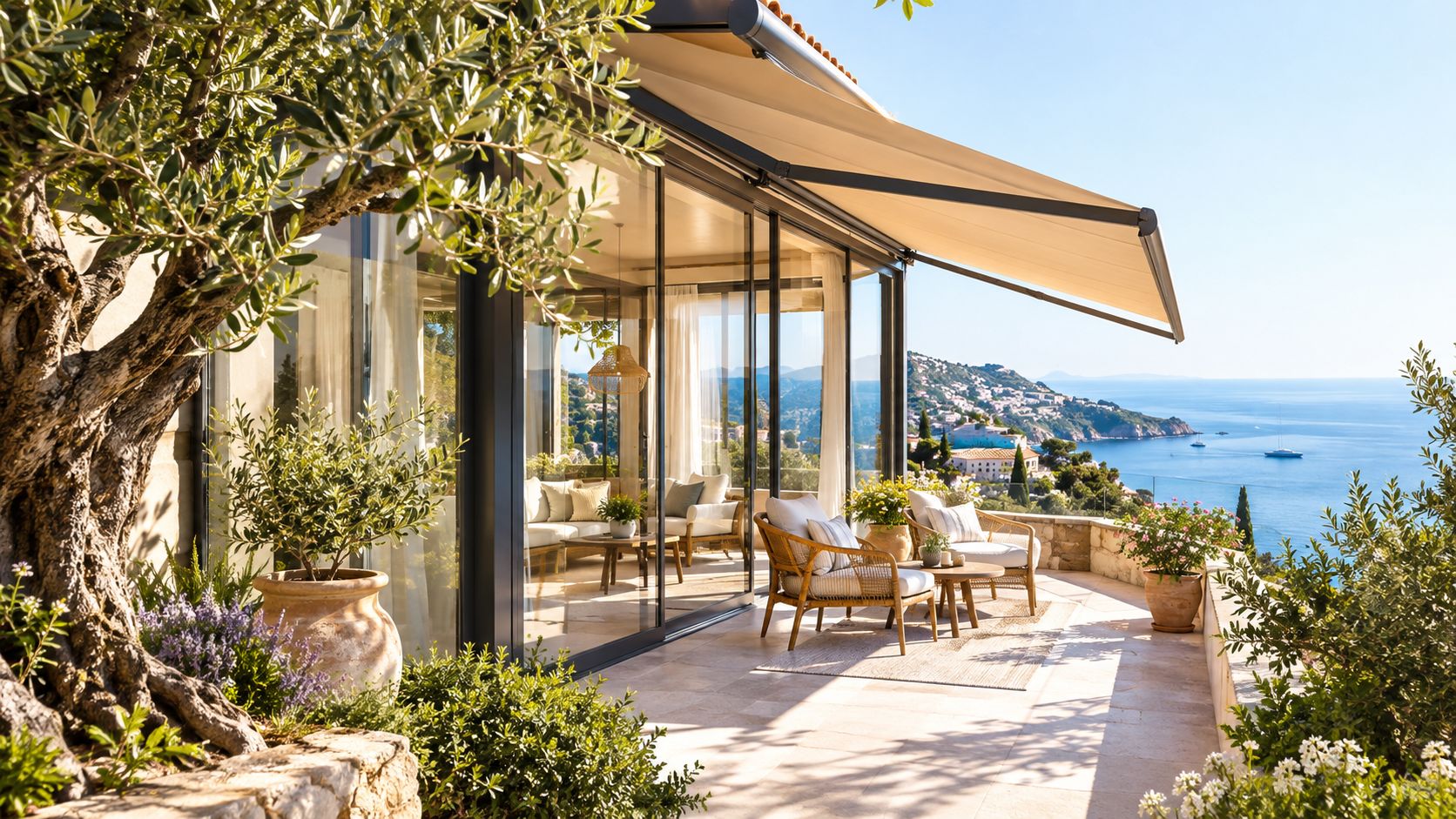 Une véranda lumineuse avec un store extérieur donnant sur une magnifique terrasse surplombant la mer Méditerranée.