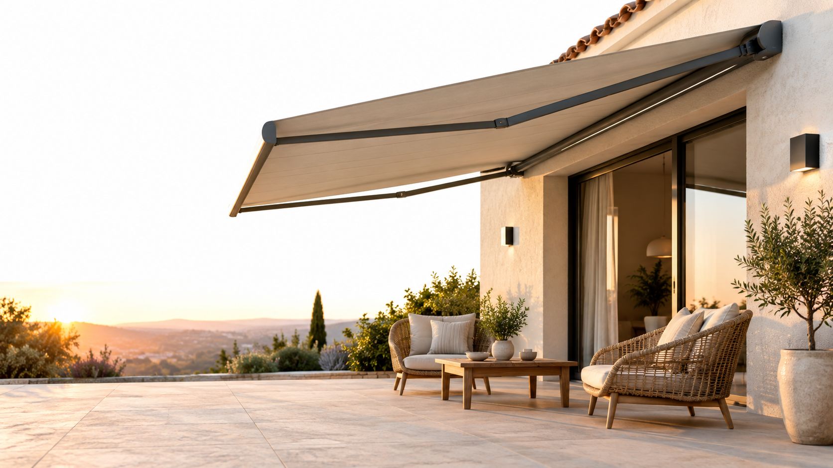 Terrasse ensoleillée avec un store banne déployé au-dessus d'un salon de jardin confortable au coucher du soleil.
