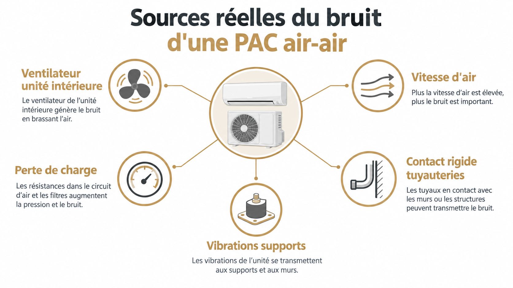 Schéma explicatif illustrant les principales sources de nuisances sonores pour une pompe à chaleur de type air-air.