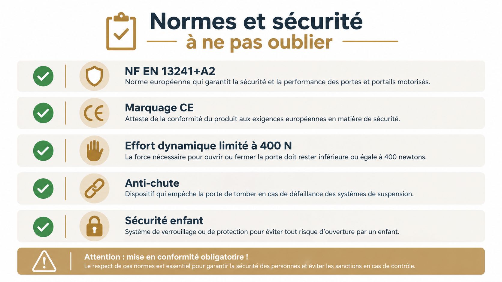 Tableau récapitulatif des normes de sécurité obligatoires pour les portes de garage sectionnelles motorisées.