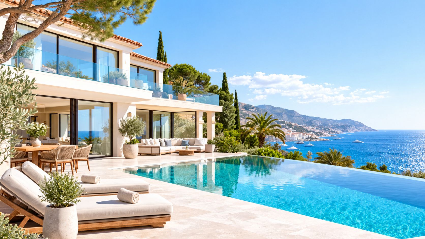Une villa luxueuse avec une terrasse ensoleillée, une piscine à débordement et une vue imprenable sur la mer.