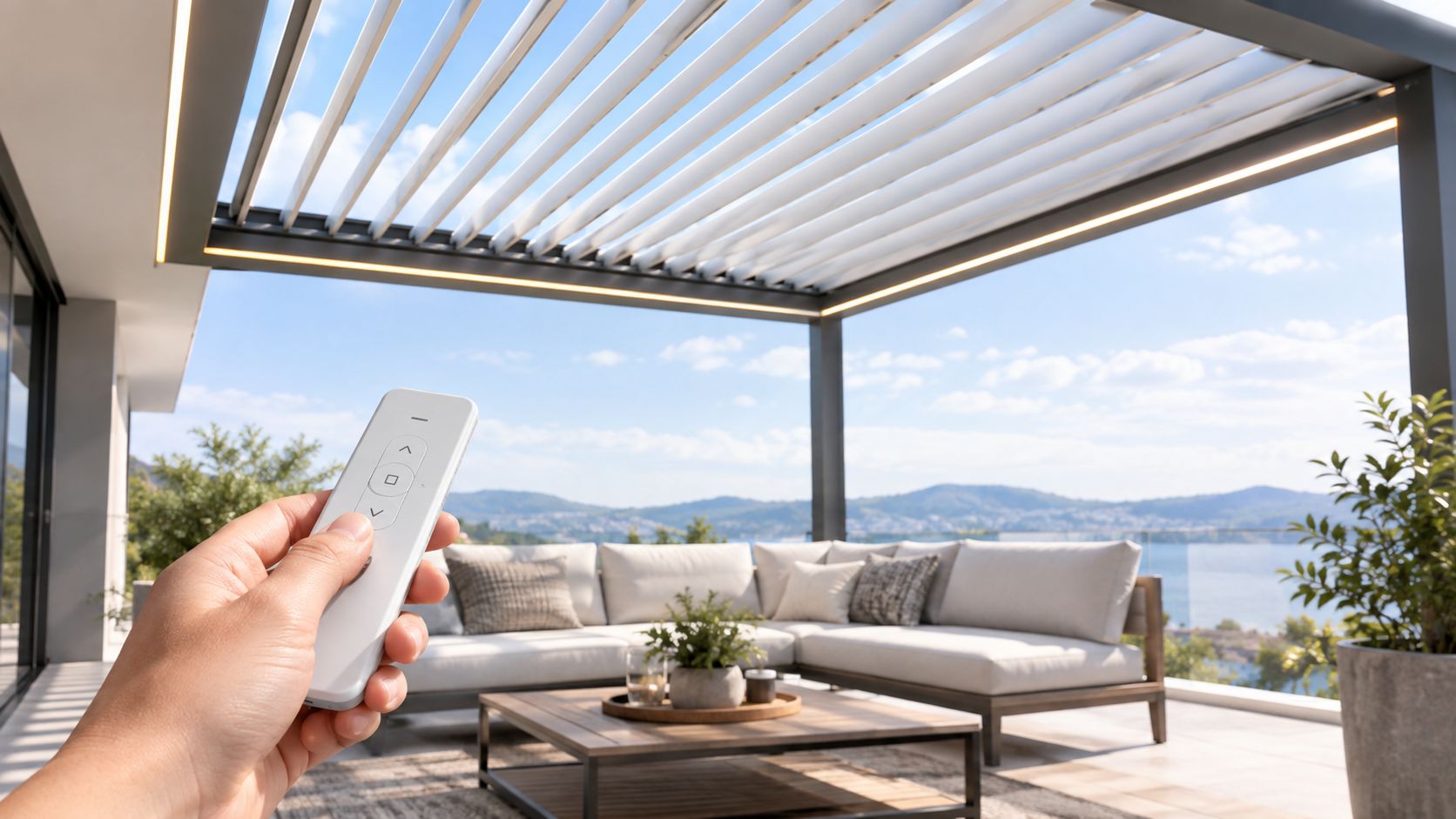 Une main tenant une télécommande pour contrôler une pergola moderne à lames orientables sur une terrasse élégante.