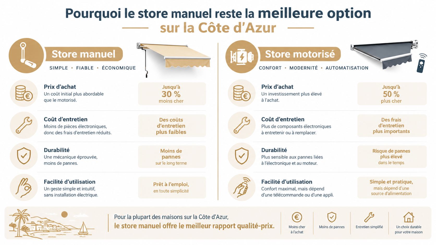 Comparaison entre les stores extérieurs manuels et motorisés pour les maisons sur la Côte d'Azur.