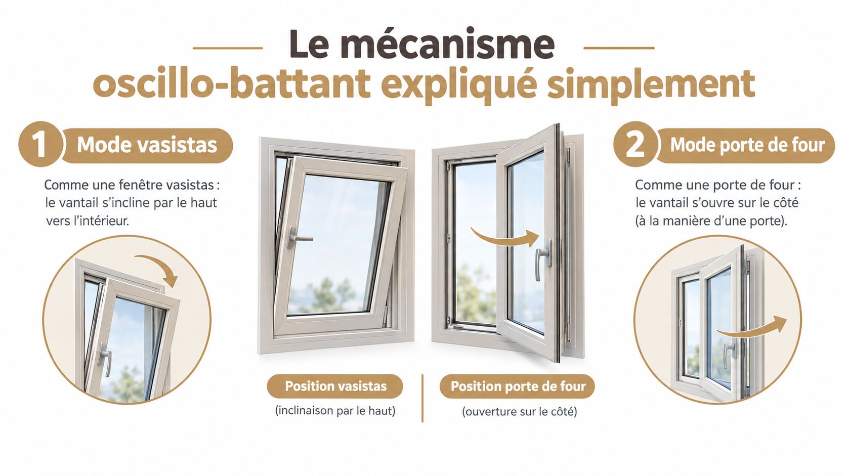 Schéma illustrant le fonctionnement d'une fenêtre oscillo-battante, montrant le mode vasistas et le mode porte de four.