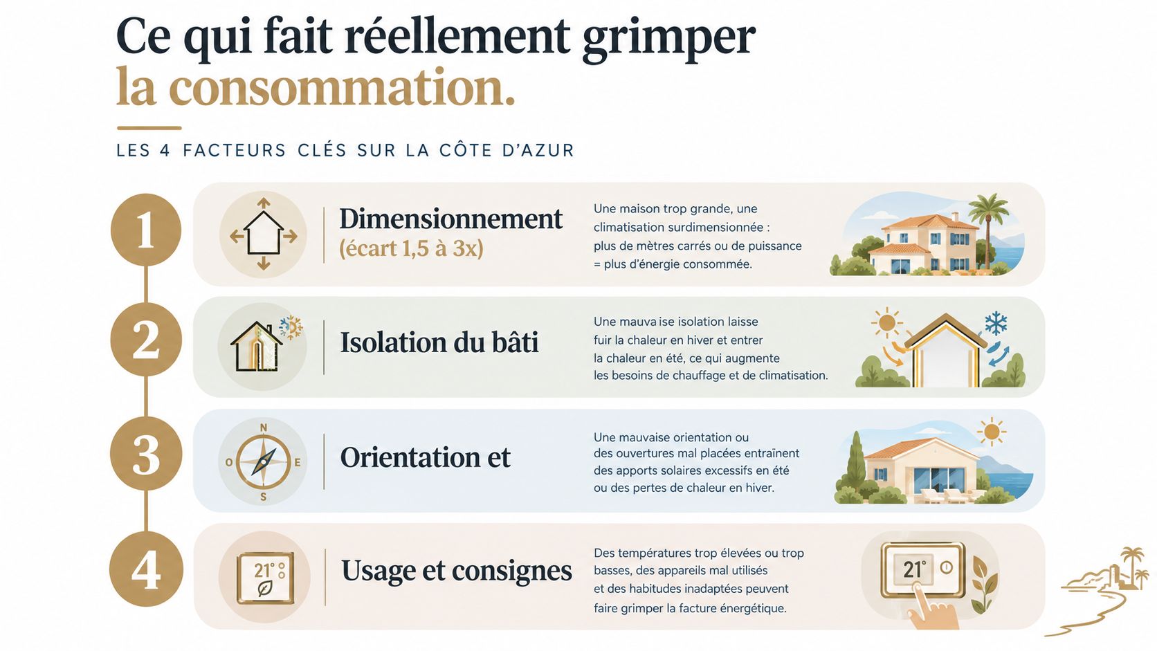 Infographie présentant les quatre facteurs clés influençant la consommation énergétique des logements sur la Côte d'Azur.