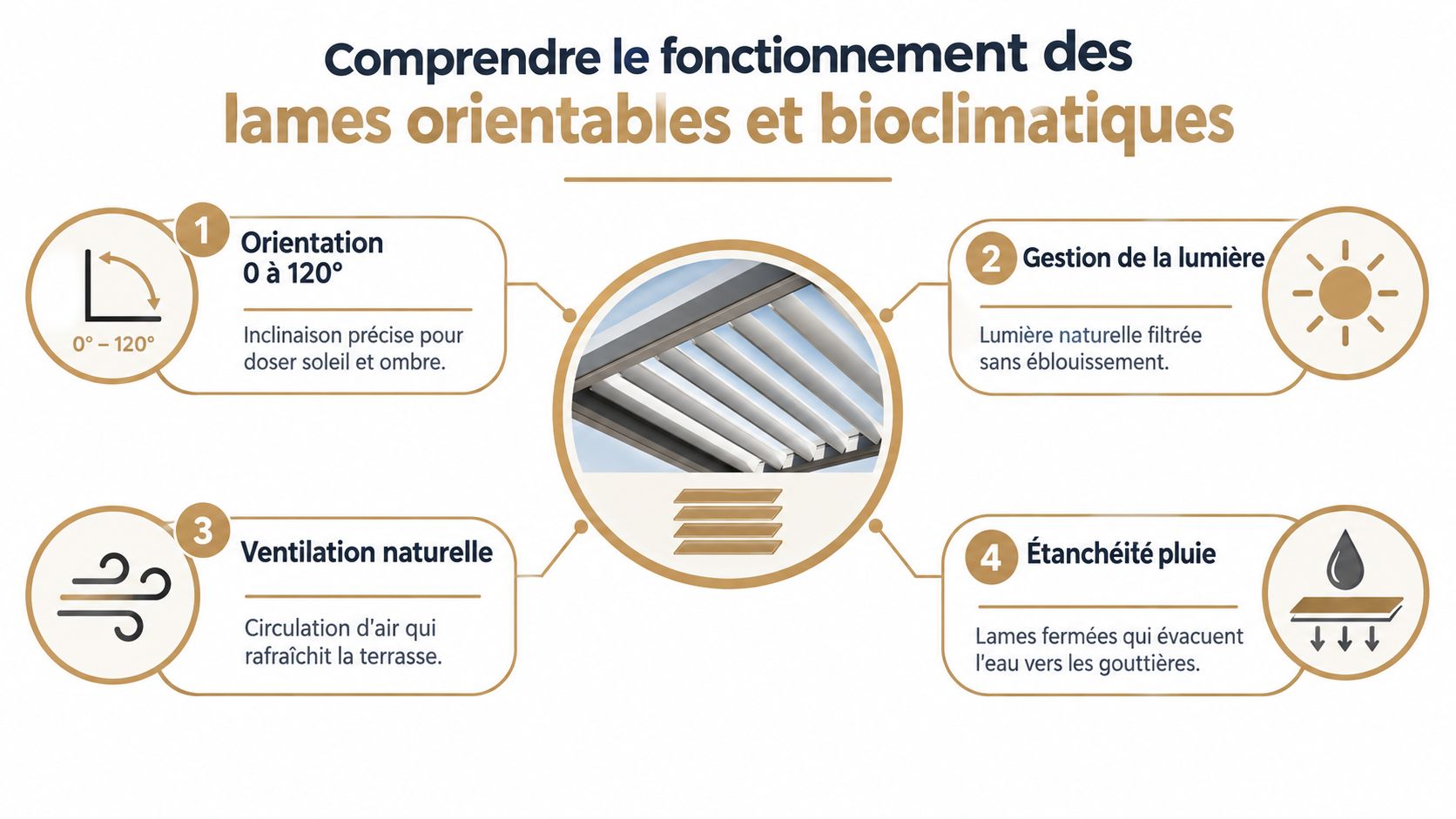 Schéma explicatif du fonctionnement des lames orientables et bioclimatiques pour pergolas avec quatre fonctions clés illustrées.