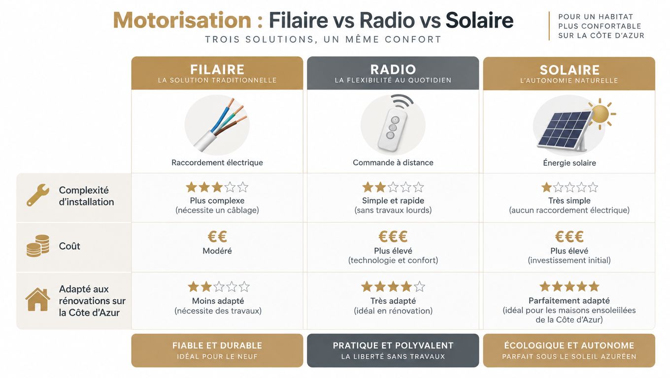 Tableau comparatif illustrant les trois types de motorisation pour volets roulants : filaire, radio et solaire.