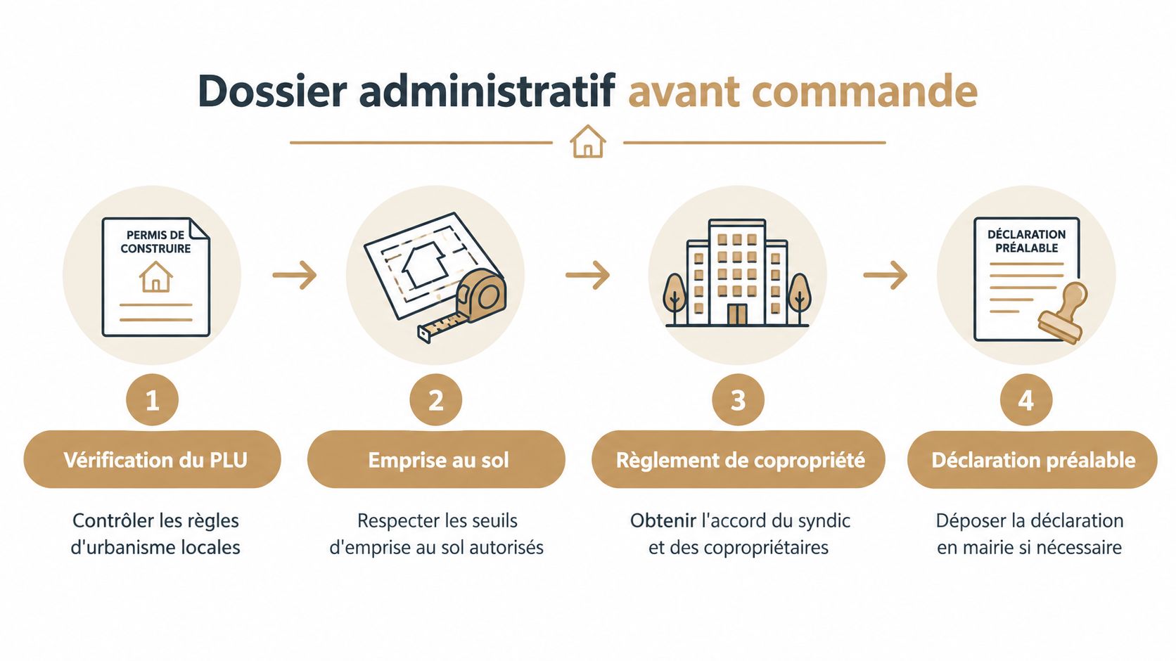Infographie illustrant les quatre étapes administratives nécessaires avant l'installation d'une pergola bioclimatique ou d'un aménagement extérieur.