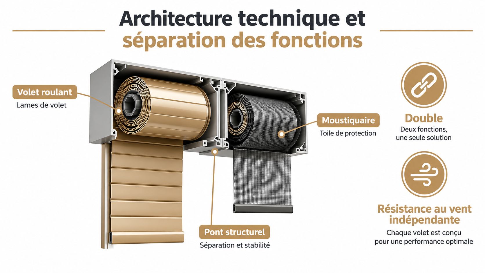 Vue en coupe technique illustrant un volet roulant combiné à une moustiquaire intégrée pour fenêtres modernes.