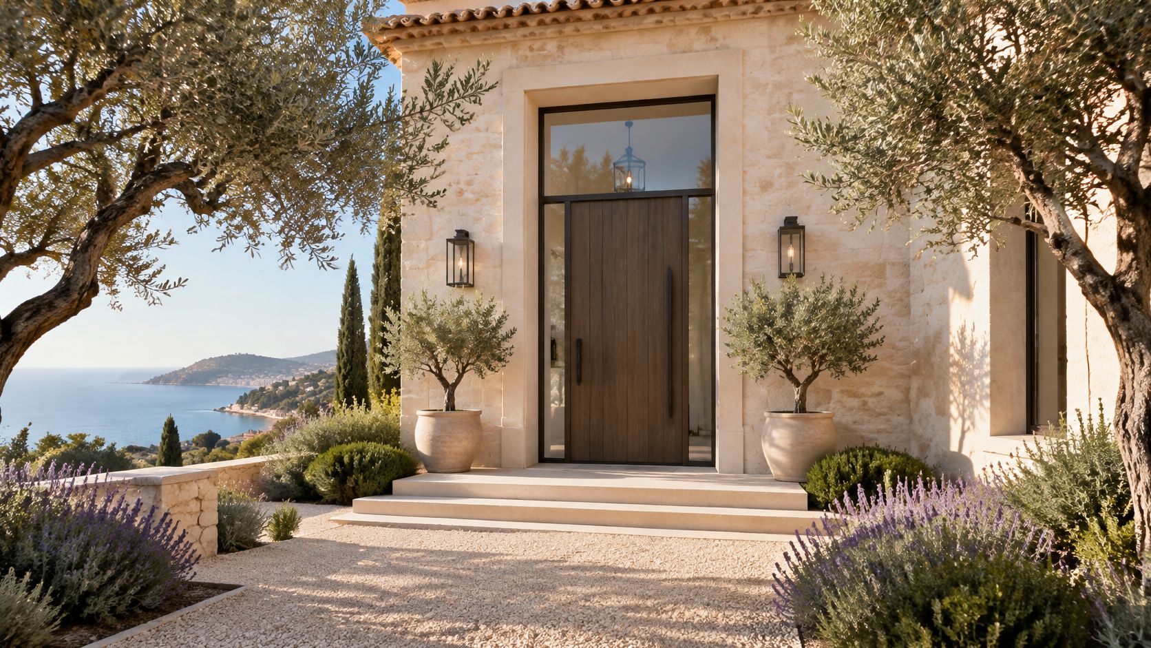 Porte d'entrée moderne en bois avec imposte dans une villa en pierre surplombant la mer Méditerranée.