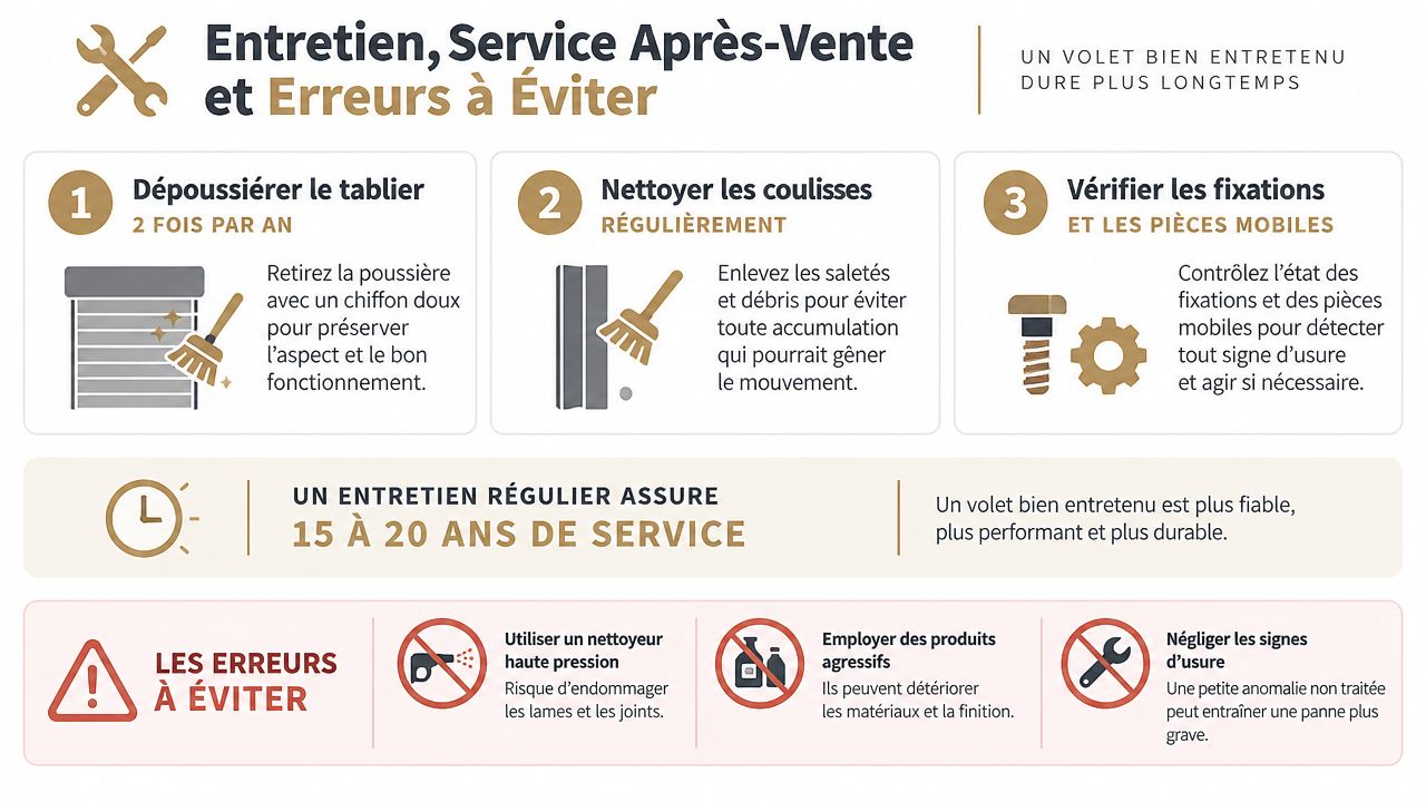 Infographie illustrant les conseils d'entretien, les bonnes pratiques et les erreurs à éviter pour vos volets roulants.