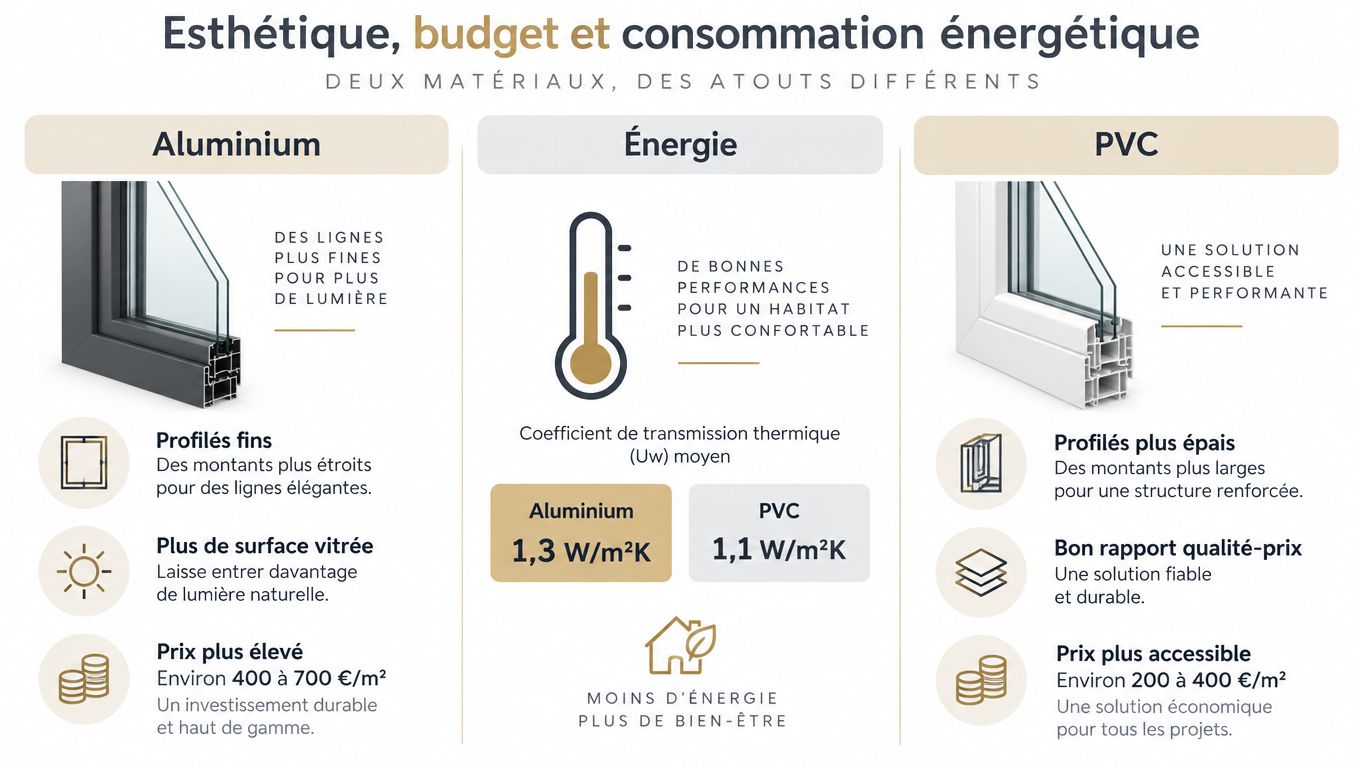 Comparaison entre les fenêtres en aluminium et en PVC concernant l'esthétique, le budget et la performance énergétique.