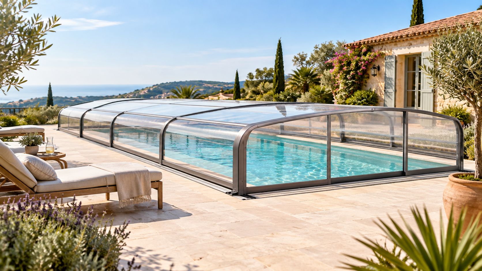 Une terrasse ensoleillée avec un abri de piscine mi-haut moderne devant une belle maison en pierre.
